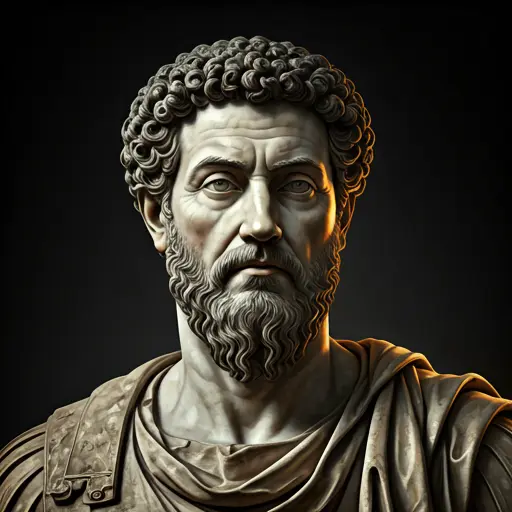 Close-up of a weathered white marble Roman statue of Marcus Aurelius with dramatic shadows and golden ambient lighting
